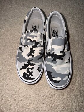 Vans Slip-On Sneakers in Gray White Black Camo